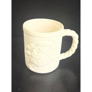 Vintage Embossed Crab Ceramic Mug Nautical Rope Handle Matte Cream Coastal Decor
